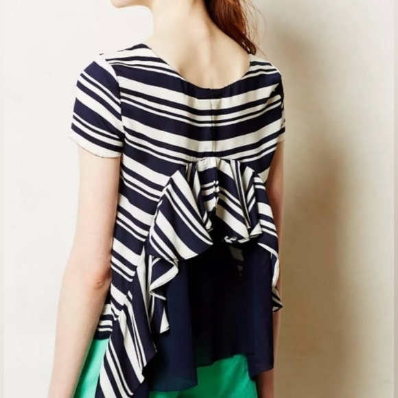 Anthropologie MAEVE Blue White Striped Short Sleeve Sheer Back Blouse Top. - Picture 2 of 6